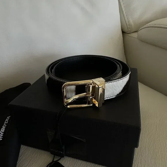 NEW Dolce & Gabbana Brown White Zebra Pony Hair Gold Buckle Women's Belt 90 Cm - Picture 6 of 10